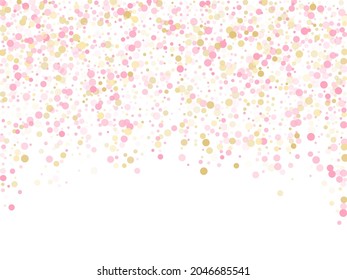 Rose gold confetti circle decoration for wedding invitation card. Birthday vector illustration. Gold, pink and rose color round confetti dots, circles chaotic scatter. Trendy rich bokeh background.