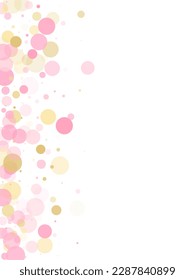 Rose gold confetti circle decoration for Valentine card background. Holiday vector pattern. Gold, pink and rose color round confetti dots, circles scatter on white. Beautiful bokeh background.