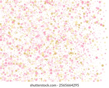 Rose gold confetti circle decoration for Christmas card background. Holiday vector decor. Gold, pink and rose color round confetti dots, circles chaotic scatter. Minimal bokeh background.