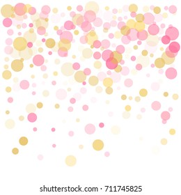 Rose gold confetti circle decoration for christmas card background, holiday vector illustration. Gold, pink and rose color round confetti dots, circles chaotic scatter, trendy rich bokeh background.