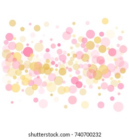 Rose gold confetti circle decoration for christmas card background, holiday vector illustration. Gold, pink and rose color round confetti dots, circles chaotic scatter, trendy rich bokeh background.