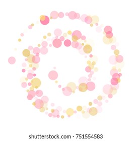 Rose gold confetti circle decoration for christmas card background, holiday vector illustration. Gold, pink and rose color round confetti dots, circles chaotic scatter, trendy rich bokeh background.