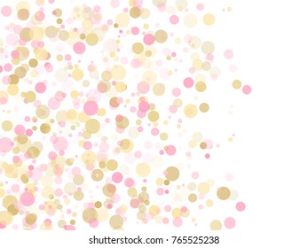 Rose gold confetti circle decoration for christmas card background, holiday vector illustration. Gold, pink and rose color round confetti dots, circles chaotic scatter, trendy rich bokeh background.