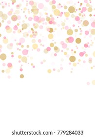 Decoración de confeti dorado para fondo de tarjeta de Navidad, ilustración vectorial de vacaciones. Puntos de confeti redondeados de color dorado, rosa y rosa, círculos caóticos, fondo de bokeh moderno y rico.