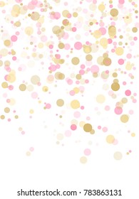 Rose gold confetti circle decoration for christmas card background, holiday vector illustration. Gold, pink and rose color round confetti dots, circles chaotic scatter, trendy rich bokeh background.