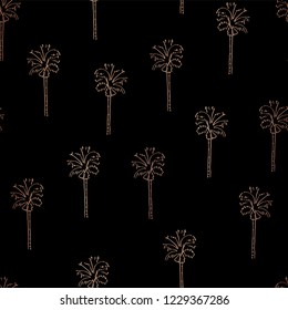 Rose Gold Copper foil abstract palm trees seamless vector pattern. Shiny palm trees on black background. Modern elegant design for invitation cards , summer party, web banner, home decor, stationery