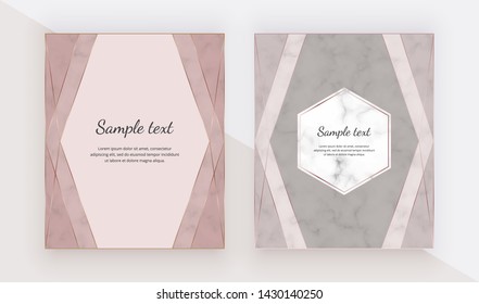 Rose gold design cards with polygonal lines frames. Trendy templates for banner, flyer, poster, greeting.
