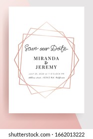 Rose gold diamond shape on classic blue background.Modern wedding invitation.Geometric polygon frame.Luxury vector.Perfect for design brochure, flyer, cover, poster, card, business identity style.
