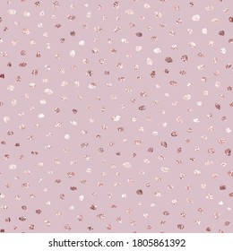 Rose gold dots. Seamless pattern foil. Pink sparkle irregular dot. Golden roses scatter glitter dots. Elegant marble texture. Fashion random circles, snow. Background for design gift wrappers . Vector