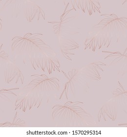 Rose gold. Elegant decorative palm leaves seamless pattern for printing, sales, design of postcards, packaging, covers, cases and other surfaces. Pink backgronud.
