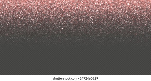 Rose gold falling glitter, shiny confetti with glowing sparkles, shimmer spray effect, festive holiday particles isolated on a dark background. Vector illustration.