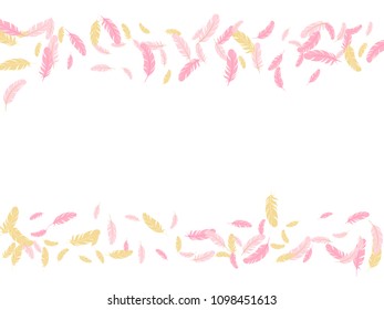 Rose gold feather ethnic background vector pattern. Beautiful background with plumelet. Flying feather elements cute vector design for card, banner.