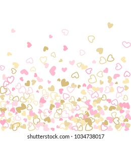 Rose gold flying hearts vector pattern. Background with love symbols heart confetti flying for wedding invitation card, Valentine's day confetti banner. Romantic feelings, relationships concept.