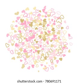 Rose gold flying hearts vector pattern. Background with love symbols heart confetti flying for wedding invitation card, Valentine's day confetti banner. Romantic feelings, relationships concept.