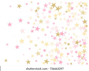 Rose gold flying stars confetti magic christmas vector, premium sparkles stardust background pattern. Holiday party decor in rose color and gold, Christmas stars vector print, flying confetti sparkles