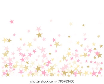 Rose gold flying stars confetti magic christmas vector, premium sparkles stardust background pattern. Holiday party decor in rose color and gold, Christmas stars vector print, flying confetti sparkles