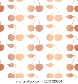 Rose gold foil Cherry seamless vector pattern on a white background. Metallic shiny copper cherries with leaves. Great for home decor, birthday, fabric, wallpaper, scrap booking, web banner, packaging