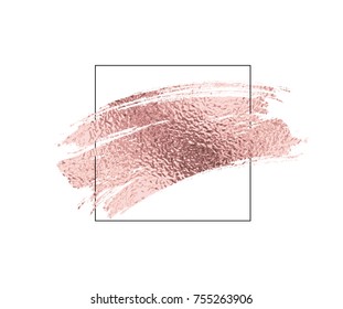 Rose gold foil dry brush stroke and border. Pink sparkle glossy scribble, grunge or smudge paint texture isolated on white background. Vector shiny metallic gradient brushstroke with frame.