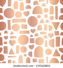 Rose gold foil geometric doodle shape seamless vector pattern. Hand drawn shiny metallic copper heart, circle, rectangle abstract shapes on white background. Christmas, gift wrap, page fill, new year