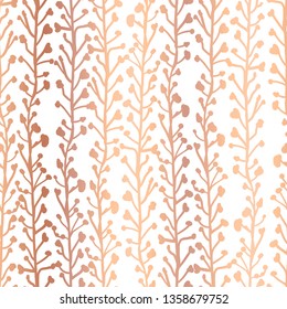 Rose Gold foil nature background. Seamless vector pattern of abstract plants in metallic copper. Branches and leaves growing in vertical direction. Elegant foliage texture for web banner, invite