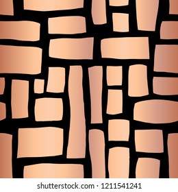 Rose Gold foil Rectangle shapes hand drawn abstract seamless vector pattern. Metallic shiny copper blocks on black background. Hand drawn background for Christmas card, party, packaging, celebrations