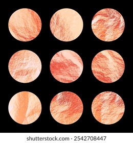 Rose gold foil, shiny handmade circles. Golden glittering texture, pattern. Luxury shining hand drawn background. Wedding greeting card decoration elements. Modern minimalist art. Vector illustration