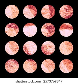 Rose gold foil, shiny handmade circles. Golden glittering texture, pattern. Luxury shining hand drawn background. Wedding greeting card decoration elements. Modern minimalist art. Vector illustration