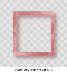 Rose gold foil textured frame isolated on transparent background, vector illustration. Empty frame hanging on the wall for greeting cards, banners, advertisement.