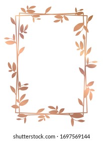 Marco dorado rosa con hojas. Marco floral de oro vectorial. 
