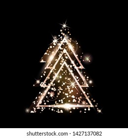 A rose gold geometric Christmas tree made of triangles. Pink Golden Glitter. For Xmas and Happy new year. Vector illustration on black background. Glowing and shimmering rosy golden confetti.