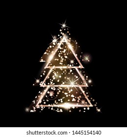 A rose gold geometric Christmas tree made of triangles. Pink Golden Glitter. For Xmas and Happy new year. Vector illustration on black background. Glowing and shimmering rosy golden confetti.