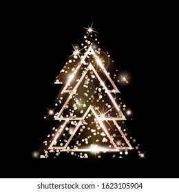 A rose gold geometric Christmas tree made of triangles. Pink Golden Glitter. For Xmas and Happy new year. Vector illustration on black background. Glowing and shimmering rosy golden confetti.