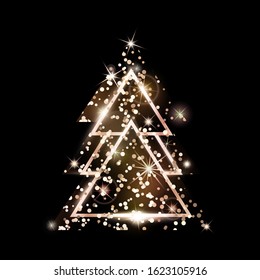 A rose gold geometric Christmas tree made of triangles. Pink Golden Glitter. For Xmas and Happy new year. Vector illustration on black background. Glowing and shimmering rosy golden confetti.