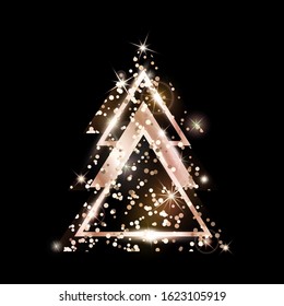 A rose gold geometric Christmas tree made of triangles. Pink Golden Glitter. For Xmas and Happy new year. Vector illustration on black background. Glowing and shimmering rosy golden confetti.