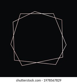 Rose gold geometric polygonal frame with shining effects isolated on dark background. Empty glowing art deco backdrop. Vector illustration.