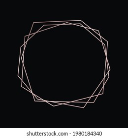 Rose gold geometric polygonal frame with shining effects isolated on dark background. Empty glowing art deco backdrop. Vector illustration.