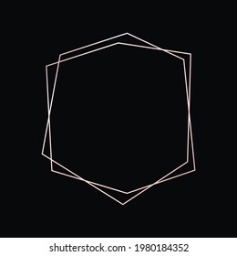 Marco poligonal geométrico de oro rosa con efectos brillantes aislados en el fondo oscuro. Fondo de arte deco brillante vacío. Ilustración vectorial.
