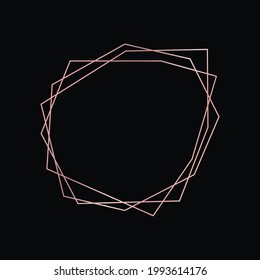 Marco poligonal geométrico de oro rosa con efectos brillantes aislados en el fondo oscuro. Fondo de arte deco brillante vacío. Ilustración vectorial.