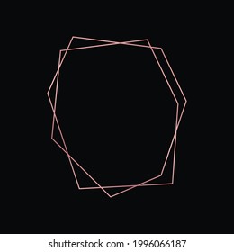 Marco poligonal geométrico de oro rosa con efectos brillantes aislados en el fondo oscuro. Fondo de arte deco brillante vacío. Ilustración vectorial.