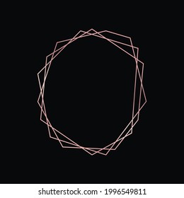 Marco poligonal geométrico de oro rosa con efectos brillantes aislados en el fondo oscuro. Fondo de arte deco brillante vacío. Ilustración vectorial.