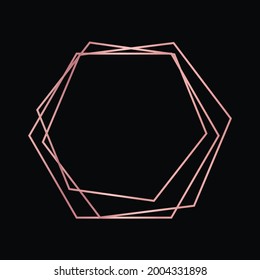 Rose gold geometric polygonal frame with shining effects isolated on dark background. Empty glowing art deco backdrop. Vector illustration