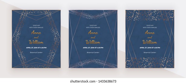 Rose gold geometric polygonal lines, confetti on the dark blue background. Trendy templates for banner, flyer, poster, save the date, greeting
