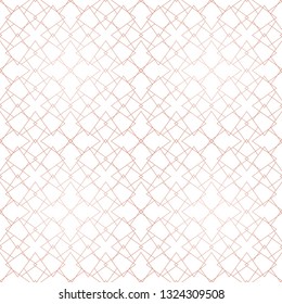 Rose gold geometric seamless pattern. Vector metallic copper lines on white background. Golden ornament with delicate grid, lattice, net, lace. Abstract graphic texture. Luxury repeatable design