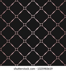 Rose gold geometric seamless pattern. Vector metallic copper lines on black background. Golden ornament with square grid, lattice, net, mesh. Abstract ornate graphic texture. Luxury repeatable design