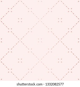 Rose gold geometric seamless pattern. Vector metallic copper lines on pink background. Golden ornament with delicate square grid, net, small floral shapes. Abstract graphic texture. Subtle design