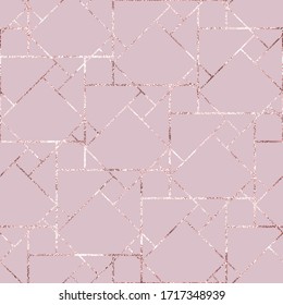 Rose gold. Geometric seamless pattern foil. Roses golden glitter marble tile. Soft pink texture. Abstract sparkle lattice. Delicate background for design. Glitterer trellis. Beauty twinkle tracery