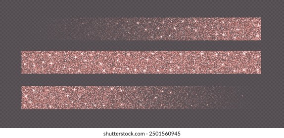 Rose gold glitter brush strokes, shimmer spray effect, luxury shimmery particles, festive holiday sparkles, shiny star dust lines isolated on a dark background. Christmas decoration.