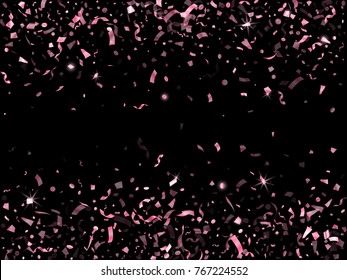 Rose gold glitter confetti falling down background vector. Flying circle and other particles golden confetti elements. Pink gold sparkles, tinsel elements new year celebration black backdrop design