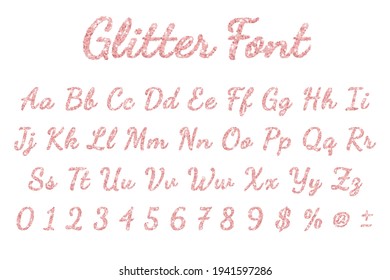 Rose Gold Glitter Font In White Background. Vector