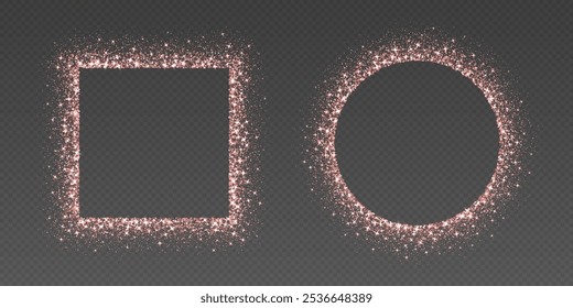 Rose gold glitter frames, shimmering borders in circle and square shapes, festive holiday sparkles. Christmas decoration. Vector illustration.